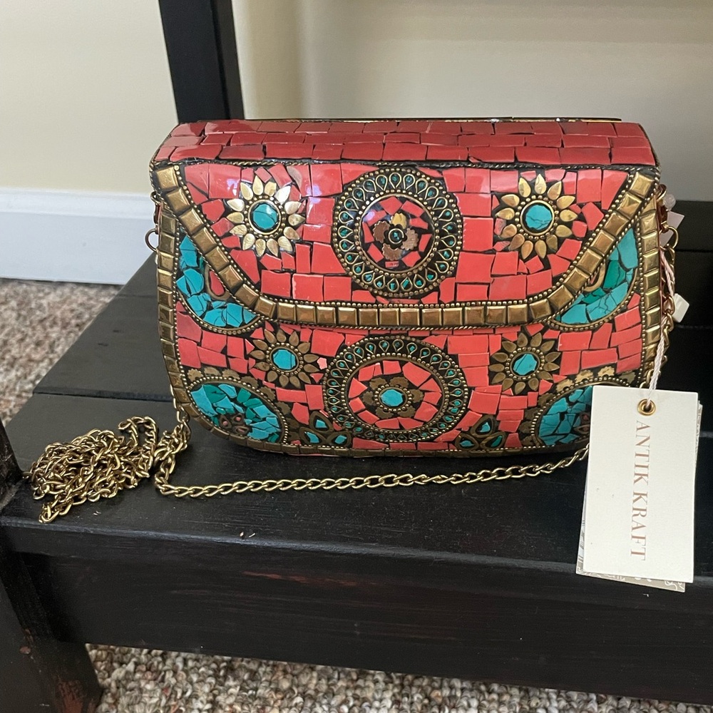 Antik Kraft Mosaic Patterned Crossbody - Coral & Turquoise